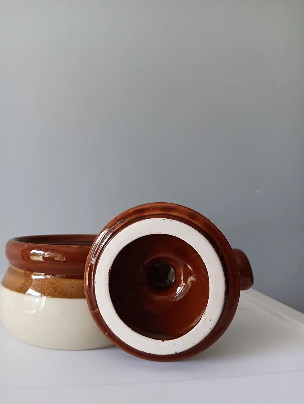 Vintage Handled Ceramic Crock French Onion Soup Bowl & Lid Made in Japan Brown